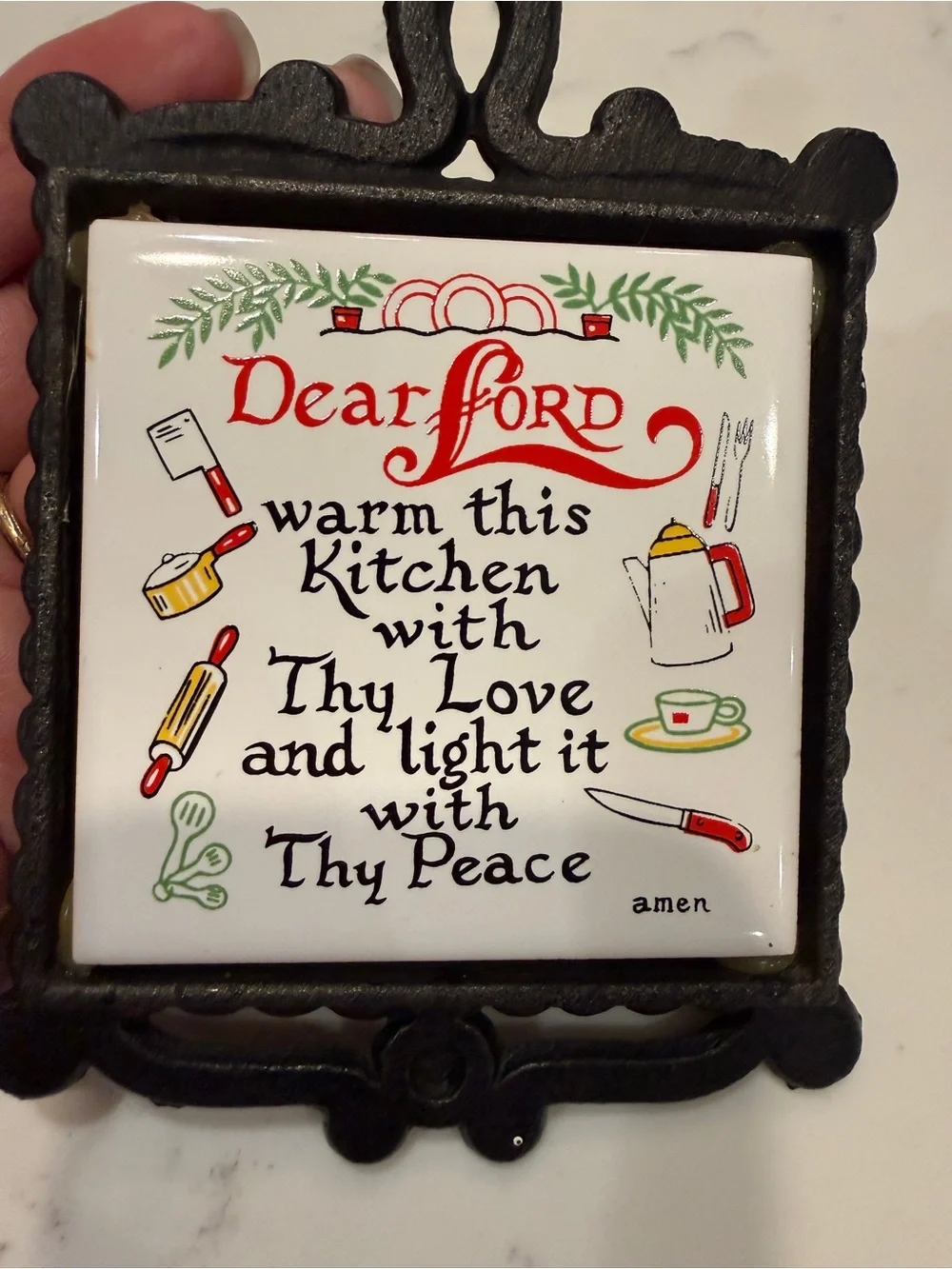 Vintage Made in Japan Kitchen Prayer Ceramic Tile Cast Iron Trivet Wall Decor